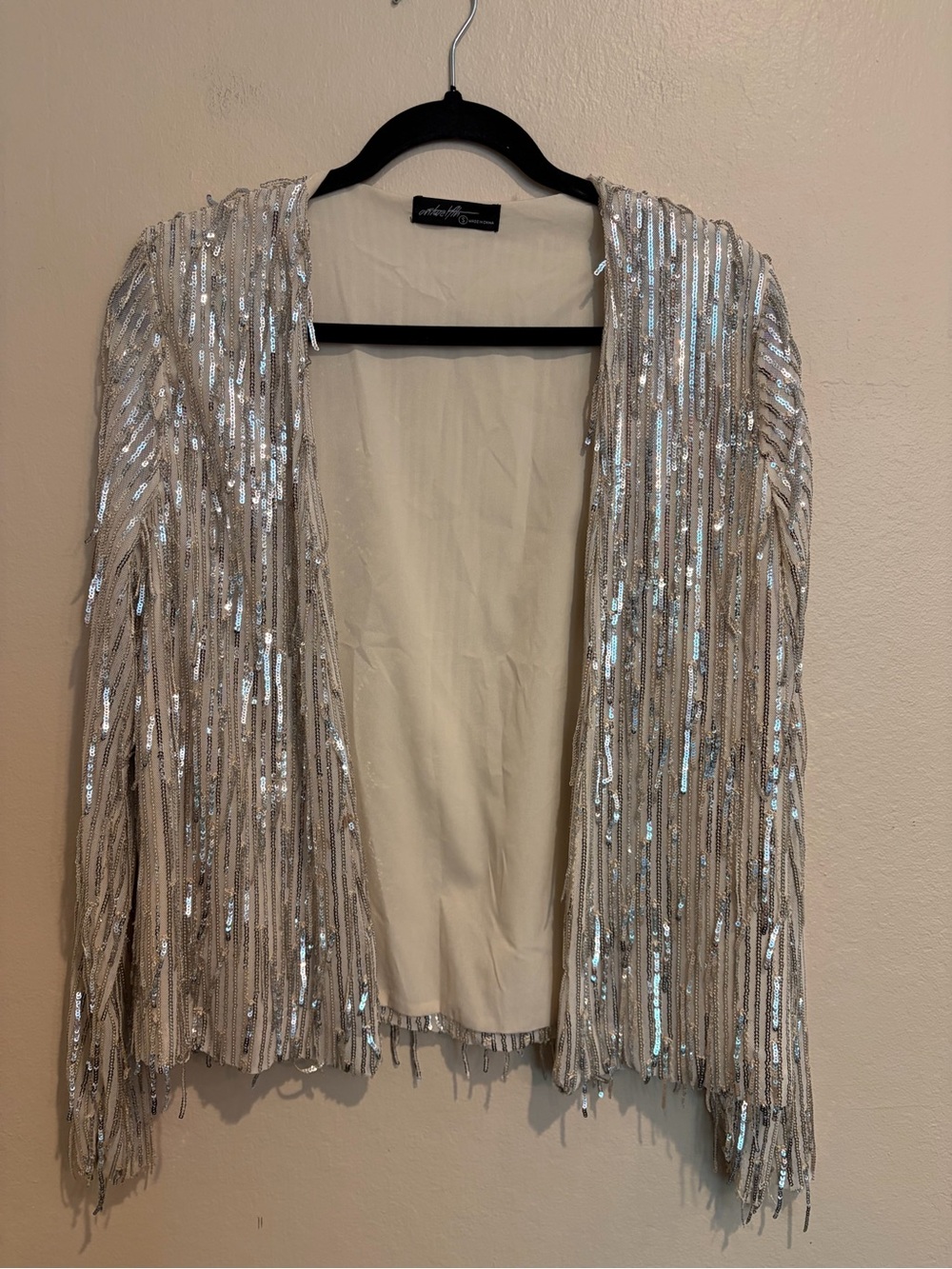 Metallic Champagne Sequin Fringe Blazer, Open Front, size S